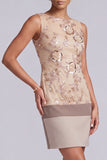 Vestido Curto de Mãe da Noiva com decote redondo, camisa champanhe com aplicações