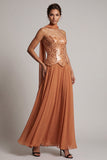 Vestido de mãe da noiva com lantejoulas bronzeadoras, chiffon sem alças, até ao tornozelo, com drapeado