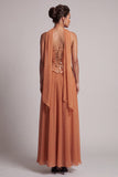 Vestido de mãe da noiva com lantejoulas bronzeadoras, chiffon sem alças, até ao tornozelo, com drapeado