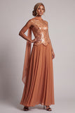 Vestido de mãe da noiva com lantejoulas bronzeadoras, chiffon sem alças, até ao tornozelo, com drapeado