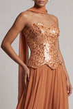 Vestido de mãe da noiva com lantejoulas bronzeadoras, chiffon sem alças, até ao tornozelo, com drapeado