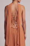 Vestido de mãe da noiva com lantejoulas bronzeadoras, chiffon sem alças, até ao tornozelo, com drapeado