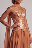 Vestido de mãe da noiva com lantejoulas bronzeadoras, chiffon sem alças, até ao tornozelo, com drapeado