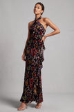 Vestido de mãe da noiva preto com decote halter e veludo floral longo de bainha