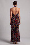 Vestido de mãe da noiva preto com decote halter e veludo floral longo de bainha