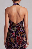 Vestido de mãe da noiva preto com decote halter e veludo floral longo de bainha