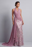 Vestido de mãe da noiva com gola de chiffon em chiffon de glicínia com decote de lantejoulas varridas de sereia varrida