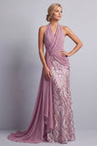 Vestido de mãe da noiva com gola de chiffon em chiffon de glicínia com decote de lantejoulas varridas de sereia varrida