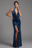 Veludo azul-marinho escuro, decote halter com bainha franzida, jacquard vestido longo de mãe da noiva com fenda lateral