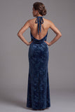 Veludo azul-marinho escuro, decote halter com bainha franzida, jacquard vestido longo de mãe da noiva com fenda lateral