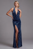 Veludo azul-marinho escuro, decote halter com bainha franzida, jacquard vestido longo de mãe da noiva com fenda lateral