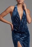 Veludo azul-marinho escuro, decote halter com bainha franzida, jacquard vestido longo de mãe da noiva com fenda lateral