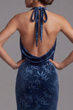 Veludo azul-marinho escuro, decote halter com bainha franzida, jacquard vestido longo de mãe da noiva com fenda lateral