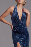 Veludo azul-marinho escuro, decote halter com bainha franzida, jacquard vestido longo de mãe da noiva com fenda lateral