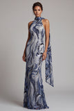 Lantejoulas azul-marinho Vestido longo de mãe da noiva com lantejoulas azul-marinho