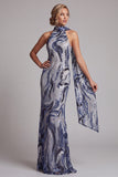 Lantejoulas azul-marinho Vestido longo de mãe da noiva com lantejoulas azul-marinho