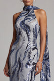 Lantejoulas azul-marinho Vestido longo de mãe da noiva com lantejoulas azul-marinho