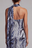 Lantejoulas azul-marinho Vestido longo de mãe da noiva com lantejoulas azul-marinho