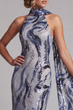 Lantejoulas azul-marinho Vestido longo de mãe da noiva com lantejoulas azul-marinho