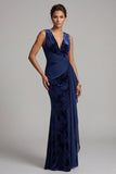 Vestido longo de mãe da noiva Jacquard com decote em V em veludo azul-marinho escuro e faixa drapeada