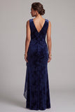 Vestido longo de mãe da noiva Jacquard com decote em V em veludo azul-marinho escuro e faixa drapeada