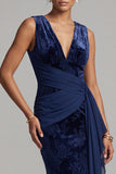 Vestido longo de mãe da noiva Jacquard com decote em V em veludo azul-marinho escuro e faixa drapeada