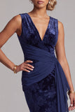 Vestido longo de mãe da noiva Jacquard com decote em V em veludo azul-marinho escuro e faixa drapeada