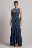Vestido de mãe da noiva assimétrico com decote bateau azul-marinho escuro, veludo jacquard, assimétrico com abertura de folhos