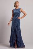 Vestido de mãe da noiva assimétrico com decote bateau azul-marinho escuro, veludo jacquard, assimétrico com abertura de folhos