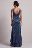 Vestido de mãe da noiva assimétrico com decote bateau azul-marinho escuro, veludo jacquard, assimétrico com abertura de folhos