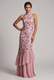 Vestido de mãe da noiva comprido Vestido de mãe da noiva em camadas malva vintage com folhos com folhos