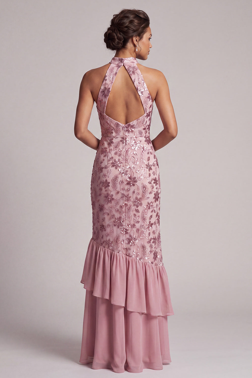 Vestido de mãe da noiva comprido Vestido de mãe da noiva em camadas malva vintage com folhos com folhos