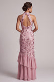 Vestido de mãe da noiva comprido Vestido de mãe da noiva em camadas malva vintage com folhos com folhos