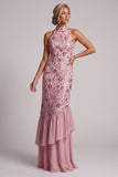 Vestido de mãe da noiva comprido Vestido de mãe da noiva em camadas malva vintage com folhos com folhos