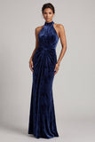 Vestido de Mãe da Noiva Longo, Veludo Azul-Marinho Escuro, Franzido de Gola Alta