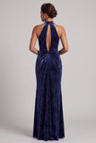 Vestido de Mãe da Noiva Longo, Veludo Azul-Marinho Escuro, Franzido de Gola Alta