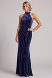 Vestido de Mãe da Noiva Longo, Veludo Azul-Marinho Escuro, Franzido de Gola Alta