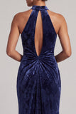 Vestido de Mãe da Noiva Longo, Veludo Azul-Marinho Escuro, Franzido de Gola Alta