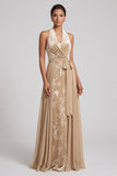 Vestido de mãe da noiva com decote de veludo champanhe Jacquard com franzido longo e faixa
