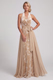 Vestido de mãe da noiva com decote de veludo champanhe Jacquard com franzido longo e faixa