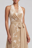 Vestido de mãe da noiva com decote de veludo champanhe Jacquard com franzido longo e faixa