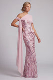 Vestido de mãe da noiva com lantejoulas cor-de-rosa cor-de-rosa brilhante e com contas