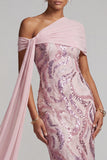 Vestido de mãe da noiva com lantejoulas cor-de-rosa cor-de-rosa brilhante e com contas
