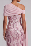 Vestido de mãe da noiva com lantejoulas cor-de-rosa cor-de-rosa brilhante e com contas