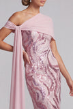 Vestido de mãe da noiva com lantejoulas cor-de-rosa cor-de-rosa brilhante e com contas