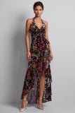 Veludo preto, decote floral com decote alto e baixo, assimétrico em linha A, vestido de mãe da noiva com folhos de fenda lateral