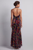 Veludo preto, decote floral com decote alto e baixo, assimétrico em linha A, vestido de mãe da noiva com folhos de fenda lateral