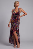Veludo preto, decote floral com decote alto e baixo, assimétrico em linha A, vestido de mãe da noiva com folhos de fenda lateral