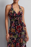 Veludo preto, decote floral com decote alto e baixo, assimétrico em linha A, vestido de mãe da noiva com folhos de fenda lateral