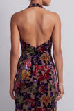 Veludo preto, decote floral com decote alto e baixo, assimétrico em linha A, vestido de mãe da noiva com folhos de fenda lateral